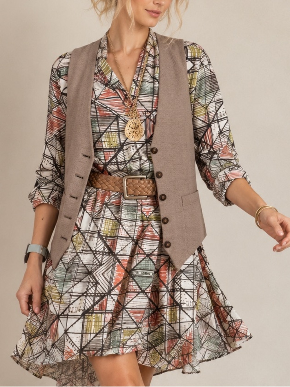 Vintage Final Touch Mulitcolored Geometric Retro Print High Low Dress